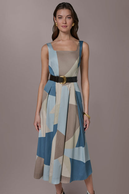 STRETCH-COTTON SLEEVELESS PRINTED MIDI DRESS