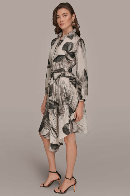 FLORAL ASYMMETRIC MIDI A-LINE SHIRT DRESS