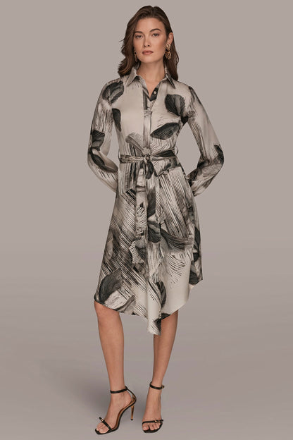 FLORAL ASYMMETRIC MIDI A-LINE SHIRT DRESS