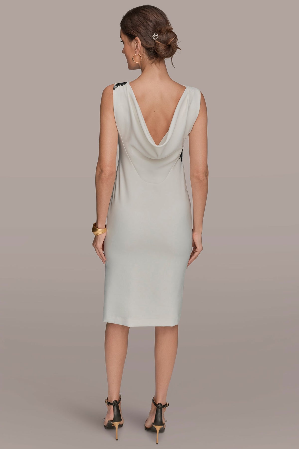 FLORAL APPLIQUÉ SLEEVELESS COWL-BACK SHEATH DRESS