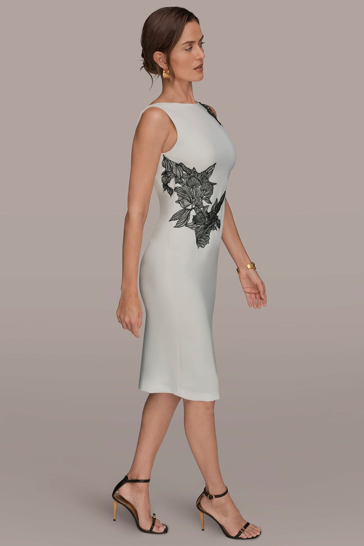 FLORAL APPLIQUÉ SLEEVELESS COWL-BACK SHEATH DRESS