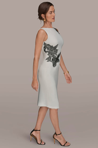 FLORAL APPLIQUÉ SLEEVELESS COWL-BACK SHEATH DRESS