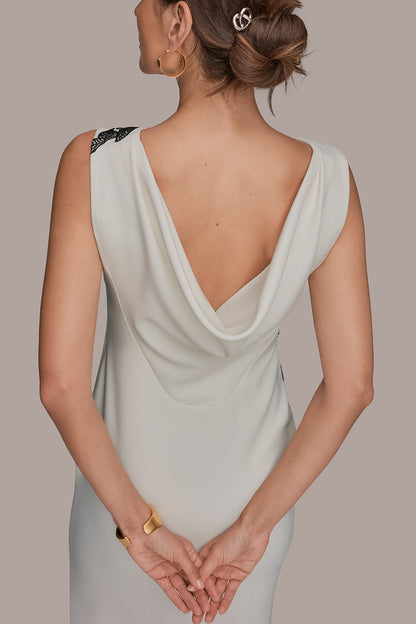 FLORAL APPLIQUÉ SLEEVELESS COWL-BACK SHEATH DRESS