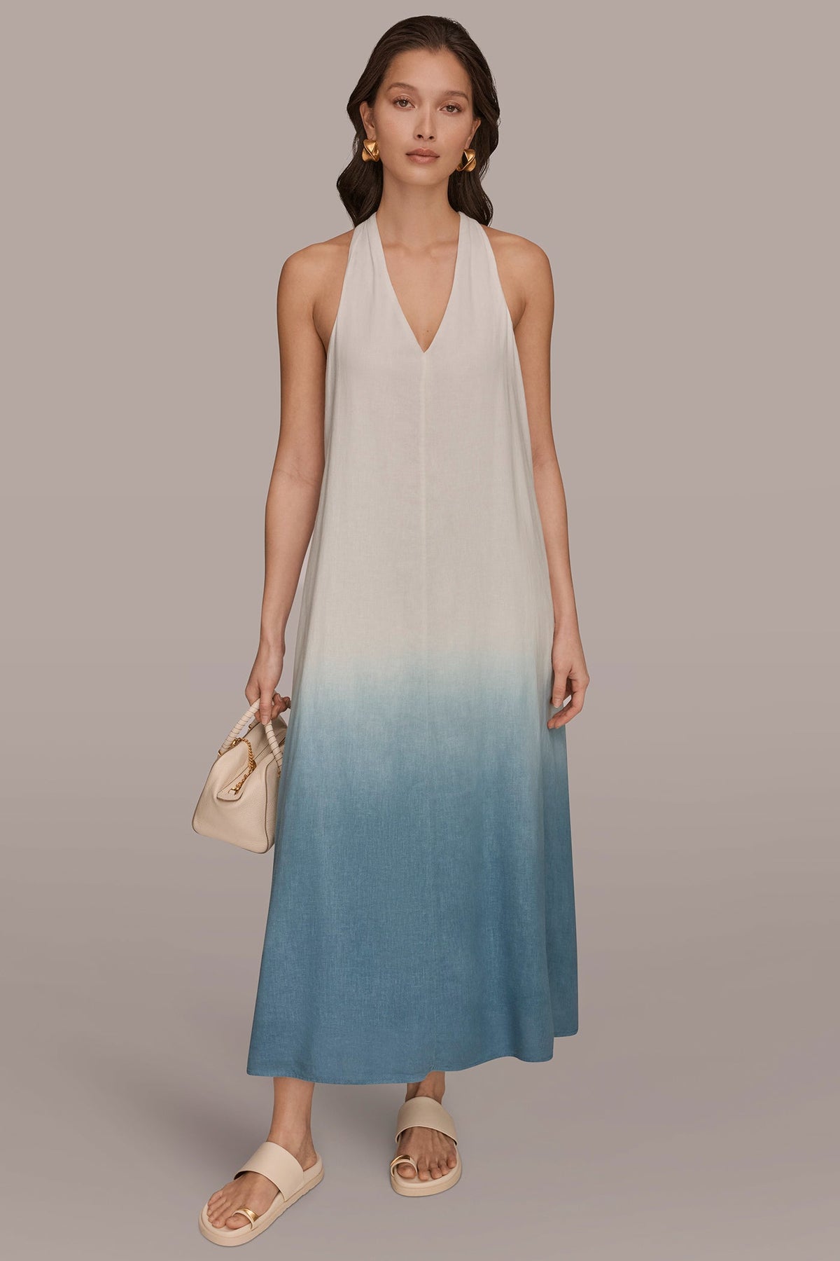 LINEN-BLEND SLEEVELESS OMBRÉ TWIST-BACK MIDI HALTER DRESS