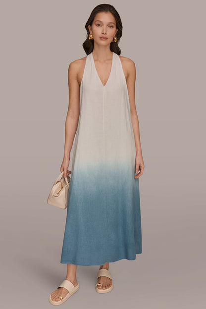 LINEN-BLEND SLEEVELESS OMBRÉ TWIST-BACK MIDI HALTER DRESS