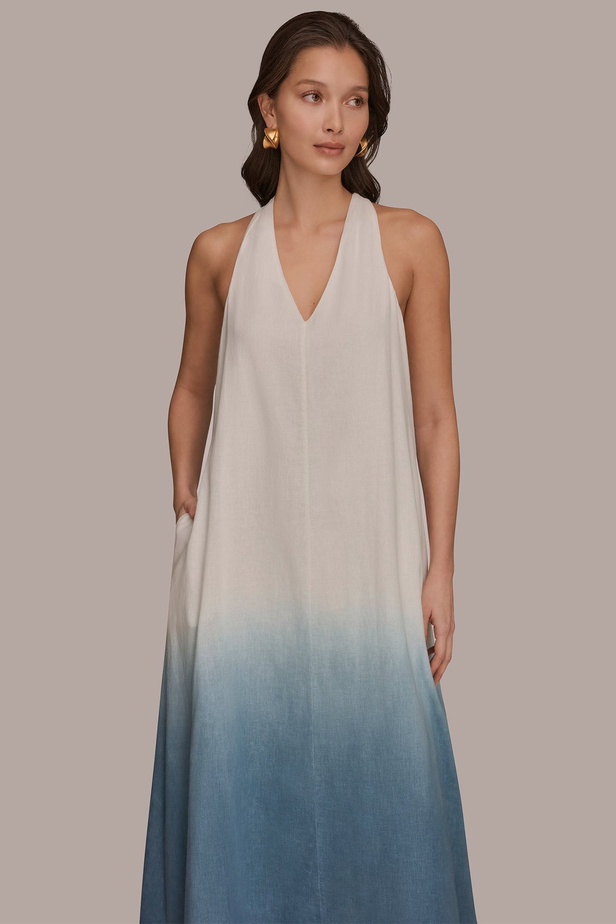 LINEN-BLEND SLEEVELESS OMBRÉ TWIST-BACK MIDI HALTER DRESS