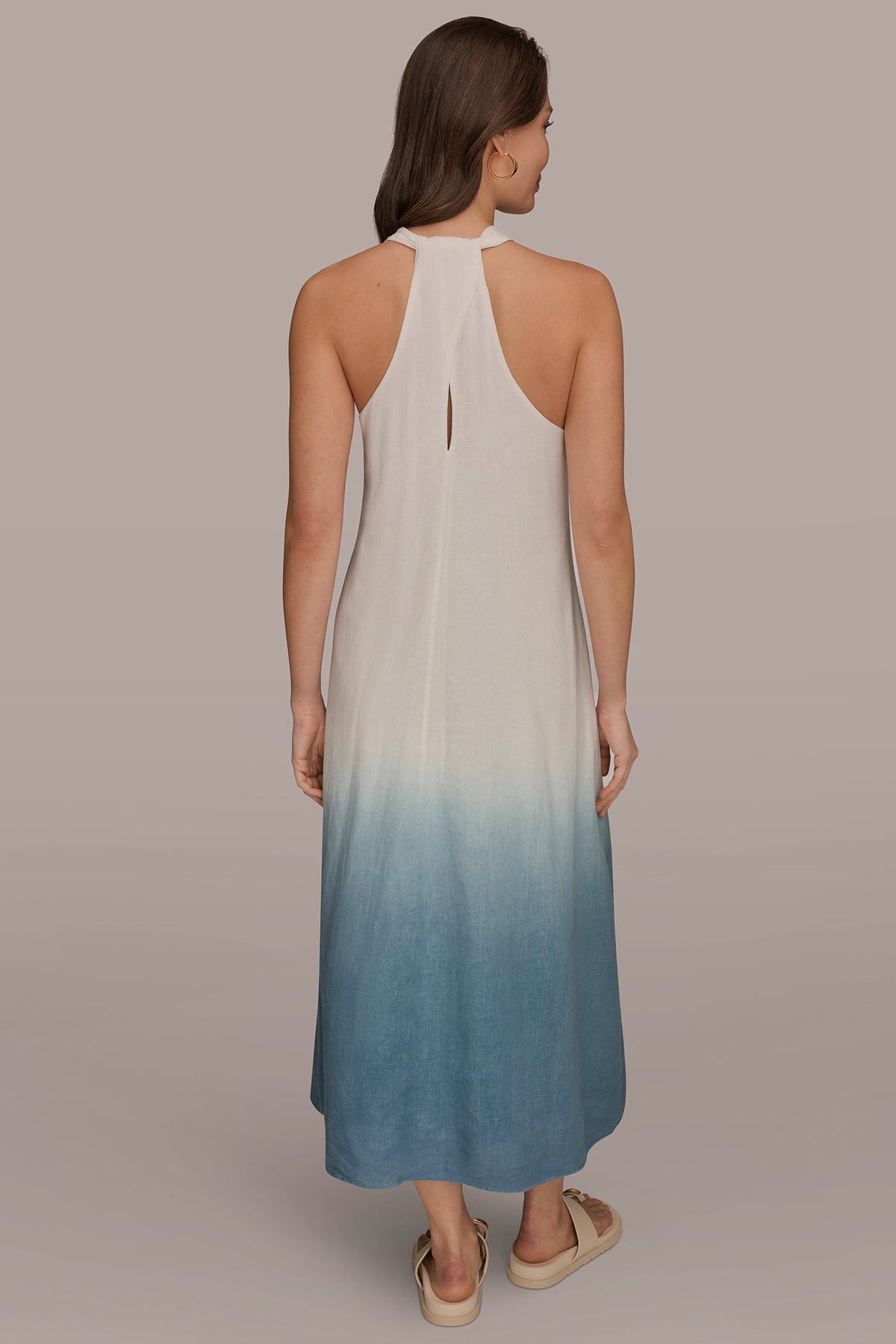 LINEN-BLEND SLEEVELESS OMBRÉ TWIST-BACK MIDI HALTER DRESS