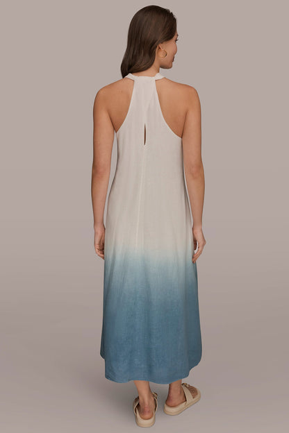 LINEN-BLEND SLEEVELESS OMBRÉ TWIST-BACK MIDI HALTER DRESS