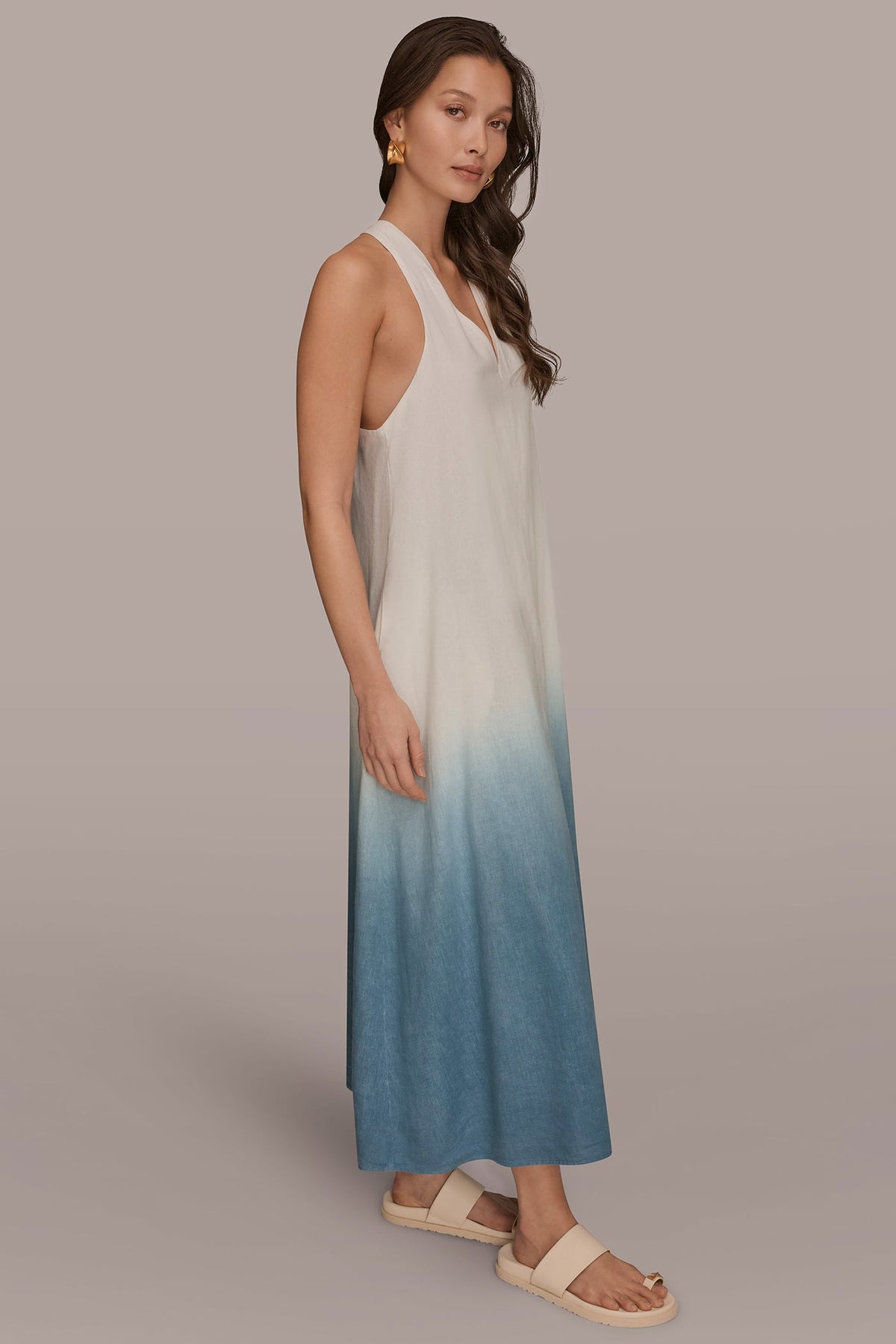 LINEN-BLEND SLEEVELESS OMBRÉ TWIST-BACK MIDI HALTER DRESS