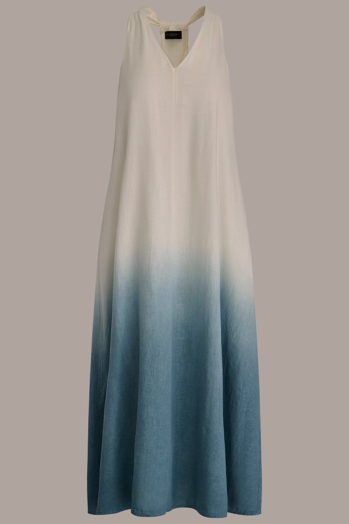 LINEN-BLEND SLEEVELESS OMBRÉ TWIST-BACK MIDI HALTER DRESS
