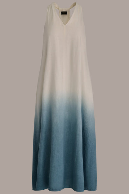 LINEN-BLEND SLEEVELESS OMBRÉ TWIST-BACK MIDI HALTER DRESS