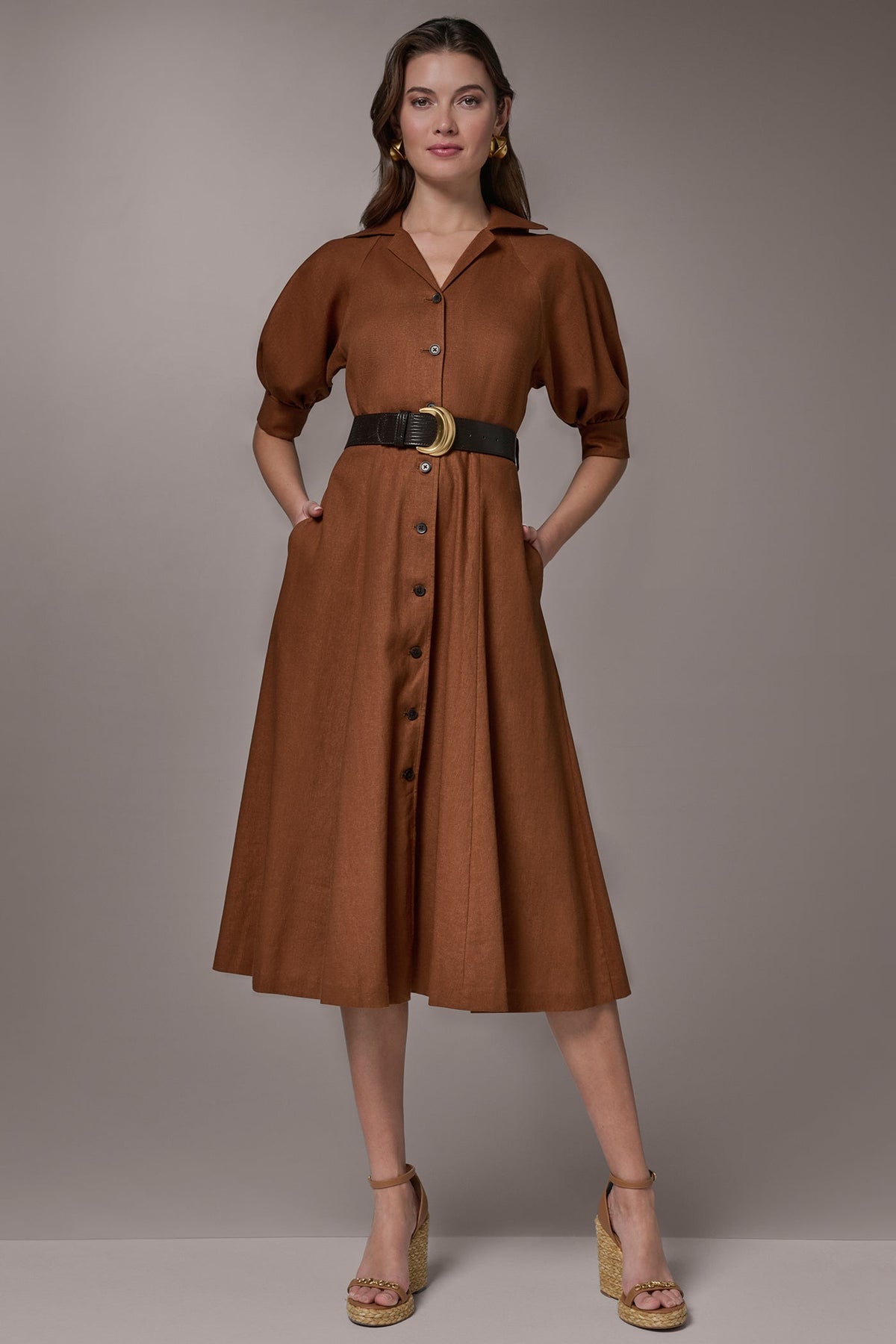 LINEN-BLEND MIDI SHIRT DRESS