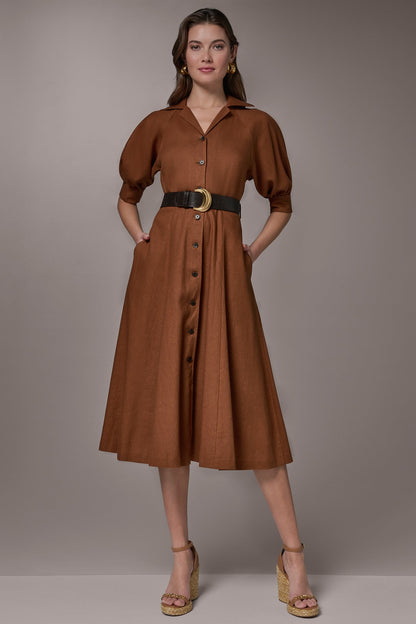 LINEN-BLEND MIDI SHIRT DRESS