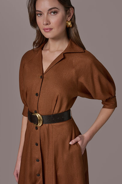 LINEN-BLEND MIDI SHIRT DRESS