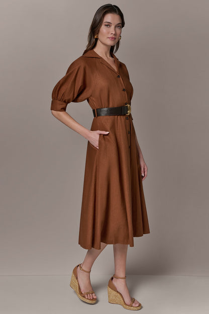 LINEN-BLEND MIDI SHIRT DRESS