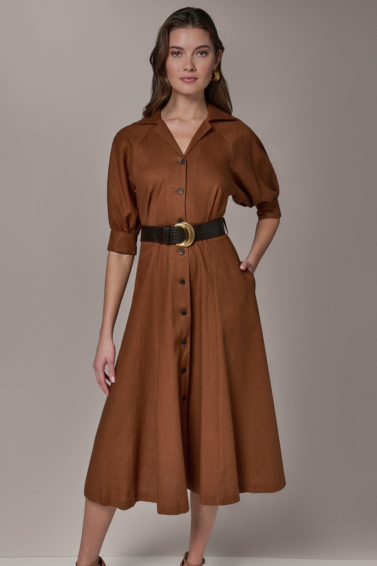 LINEN-BLEND MIDI SHIRT DRESS