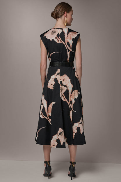 COTTON-SATEEN FLORAL MIDI DRESS