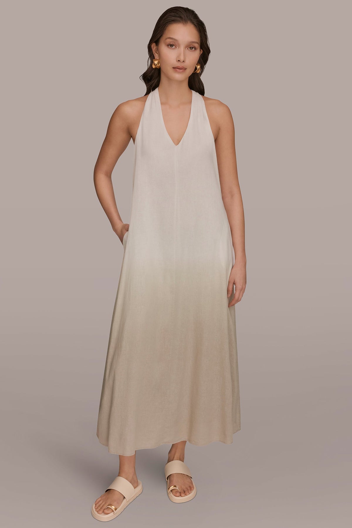 LINEN-BLEND SLEEVELESS OMBRÉ TWIST-BACK MIDI HALTER DRESS