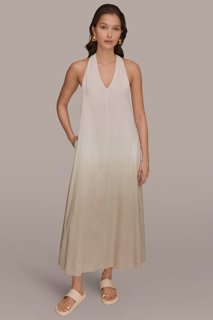 LINEN-BLEND SLEEVELESS OMBRÉ TWIST-BACK MIDI HALTER DRESS