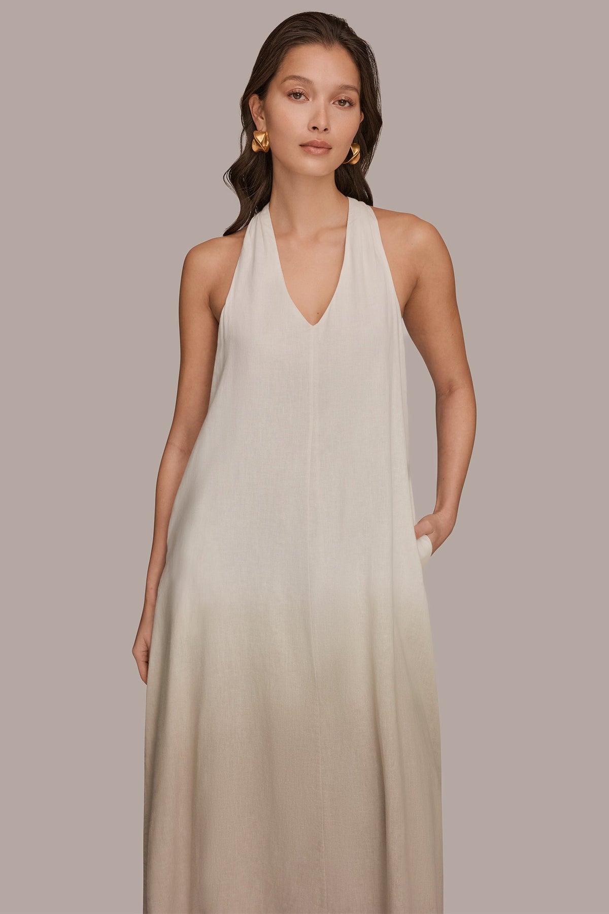 LINEN-BLEND SLEEVELESS OMBRÉ TWIST-BACK MIDI HALTER DRESS