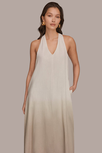 LINEN-BLEND SLEEVELESS OMBRÉ TWIST-BACK MIDI HALTER DRESS