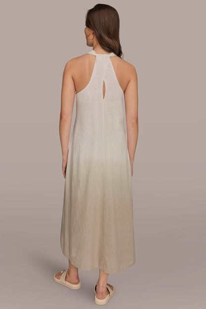LINEN-BLEND SLEEVELESS OMBRÉ TWIST-BACK MIDI HALTER DRESS