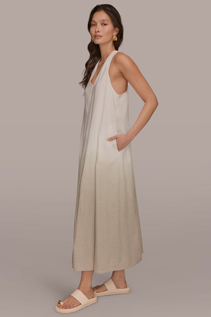 LINEN-BLEND SLEEVELESS OMBRÉ TWIST-BACK MIDI HALTER DRESS