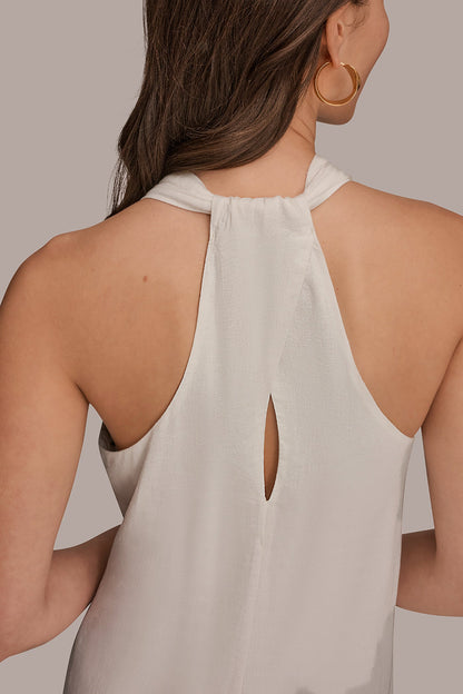 LINEN-BLEND SLEEVELESS OMBRÉ TWIST-BACK MIDI HALTER DRESS