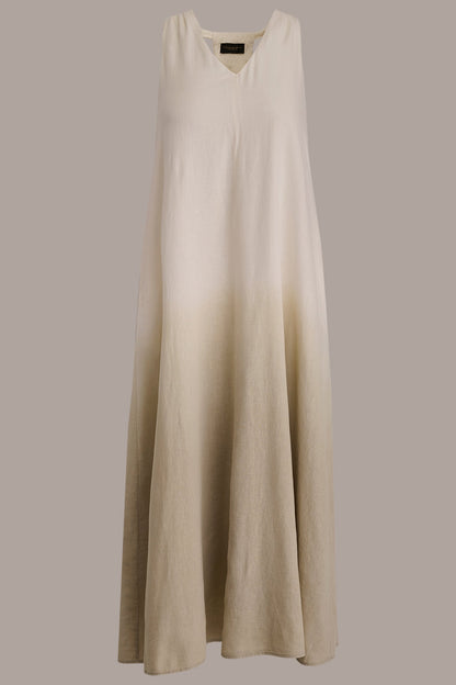 LINEN-BLEND SLEEVELESS OMBRÉ TWIST-BACK MIDI HALTER DRESS