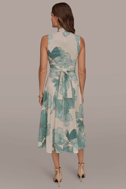 SLEEVELESS FLORAL GATHERED MIDI A-LINE DRESS