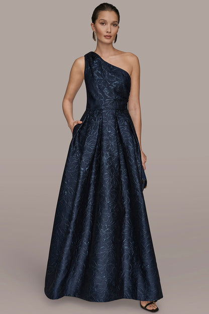 METALLIC FLORAL-JACQUARD ONE-SHOULDER BALL GOWN
