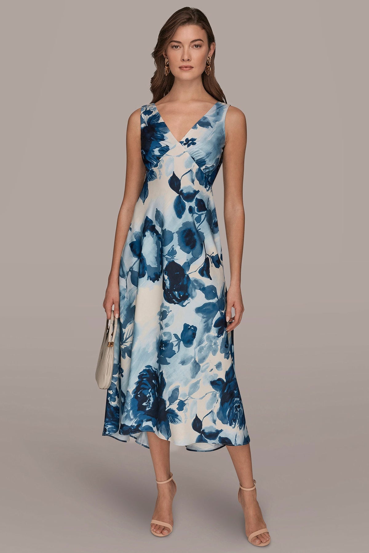 SATIN SLEEVELESS FLORAL MIDI A-LINE DRESS