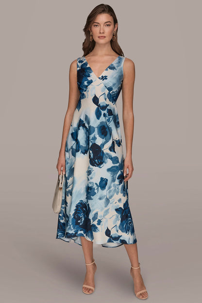 SATIN SLEEVELESS FLORAL MIDI A-LINE DRESS