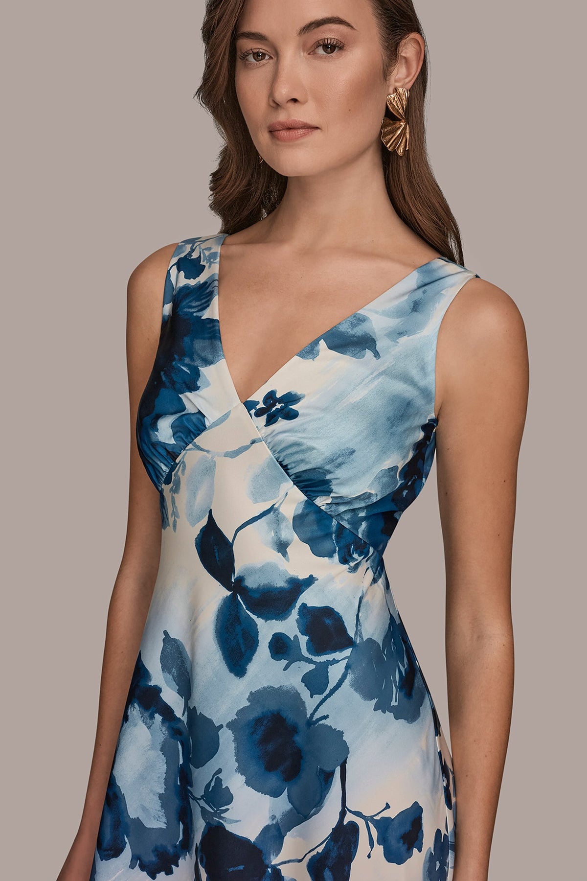 SATIN SLEEVELESS FLORAL MIDI A-LINE DRESS