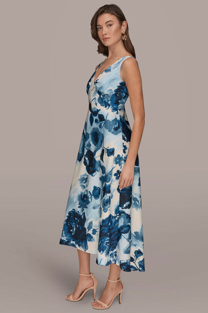 SATIN SLEEVELESS FLORAL MIDI A-LINE DRESS