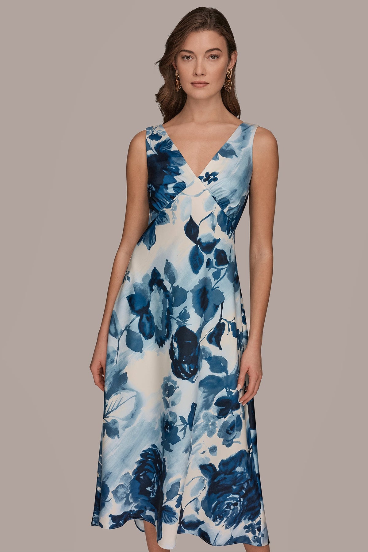 SATIN SLEEVELESS FLORAL MIDI A-LINE DRESS