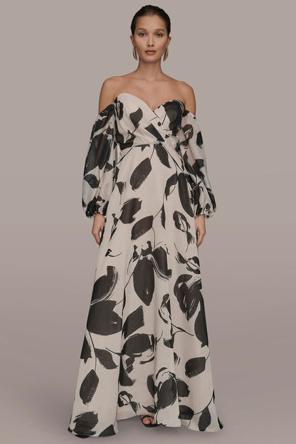ORGANZA OFF-THE-SHOULDER FLORAL GOWN