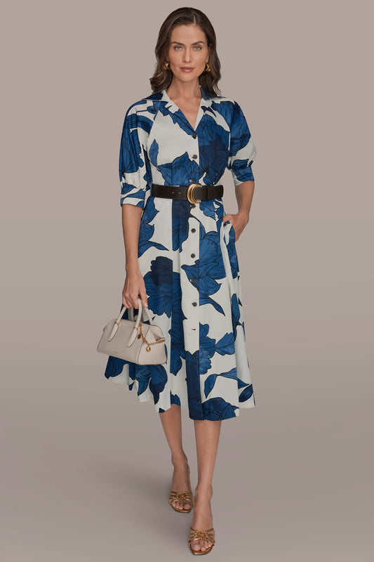 COTTON-SATEEN FLORAL MIDI SHIRT DRESS