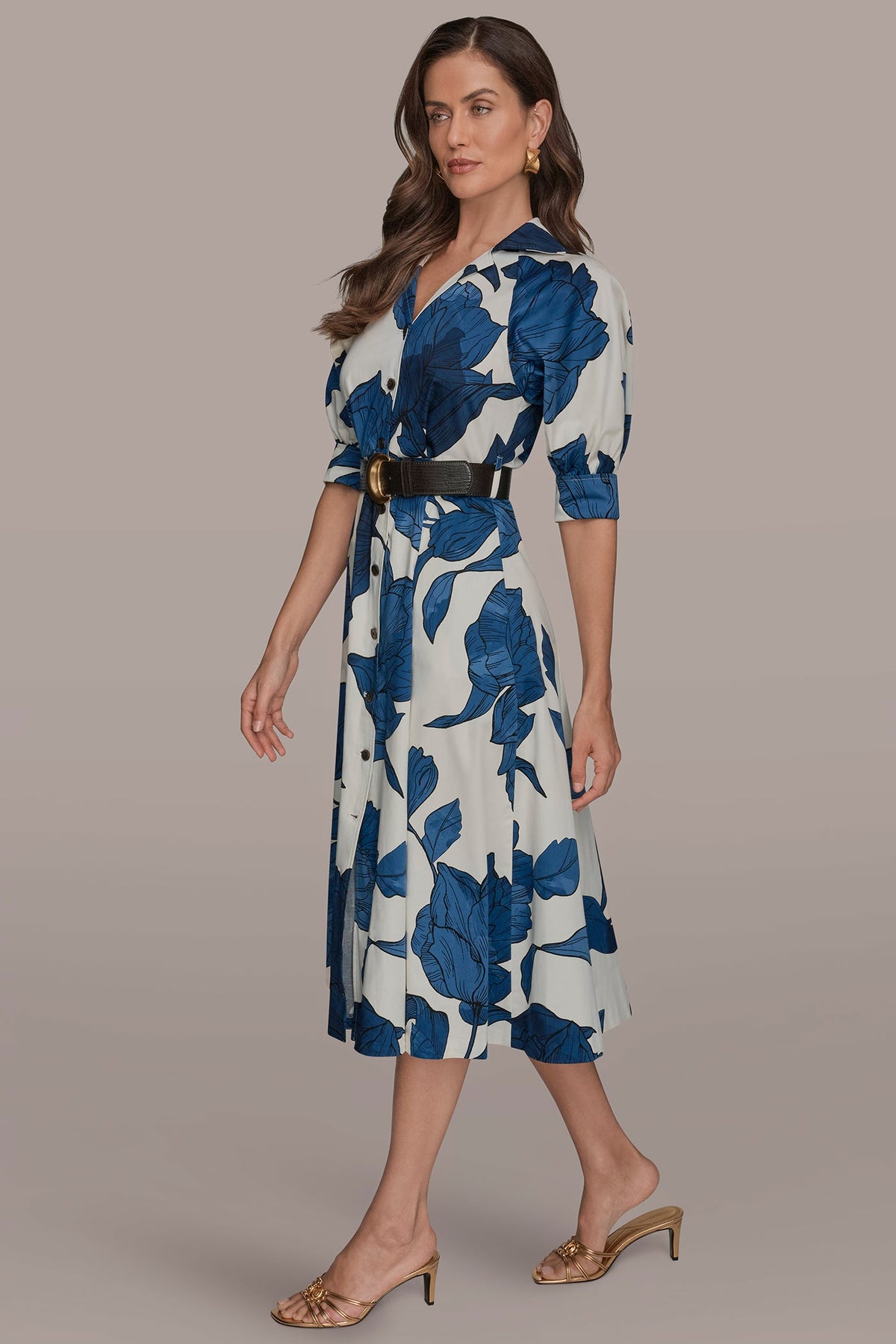 COTTON-SATEEN FLORAL MIDI SHIRT DRESS