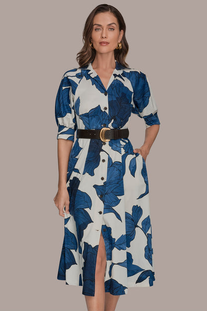 COTTON-SATEEN FLORAL MIDI SHIRT DRESS