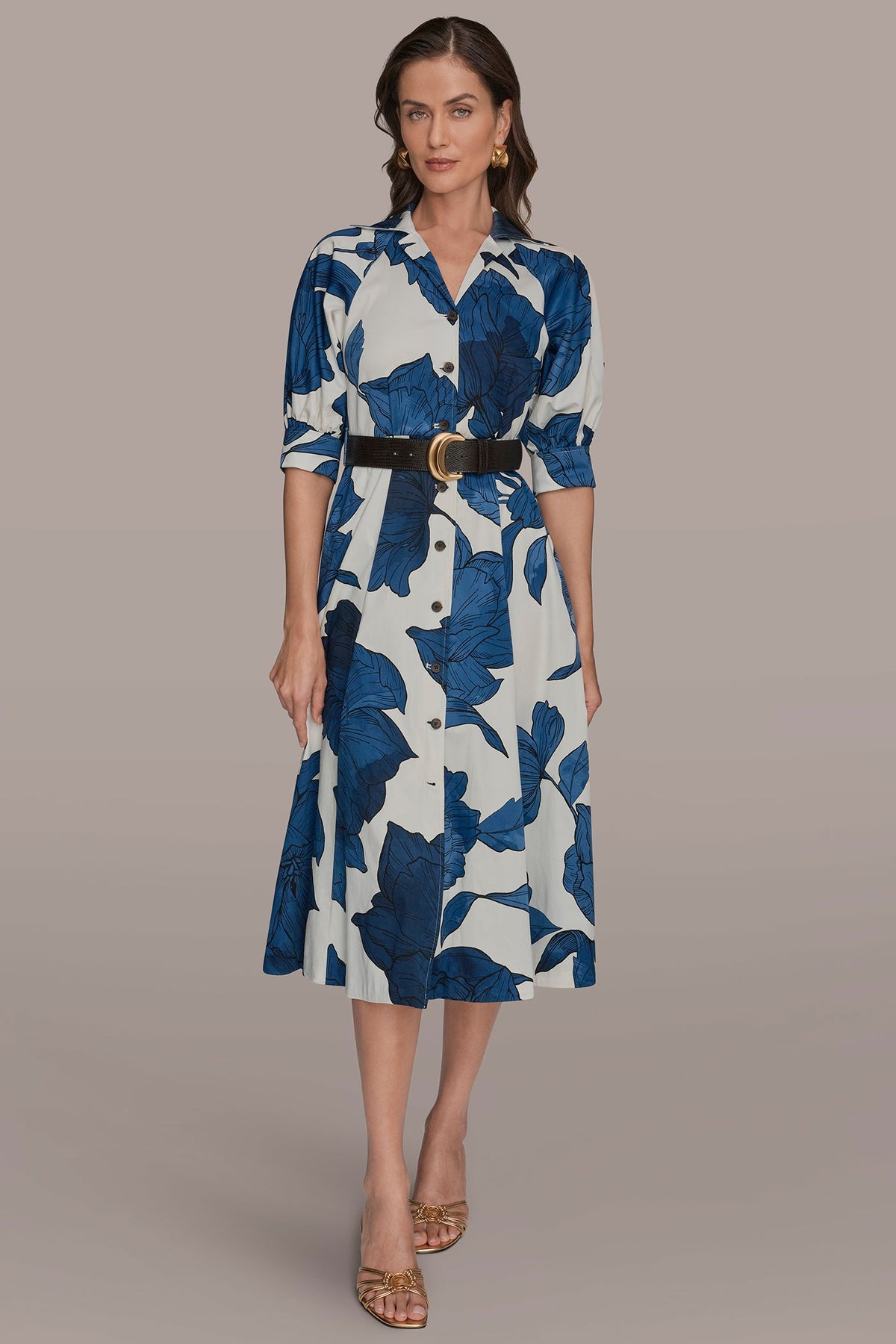COTTON-SATEEN FLORAL MIDI SHIRT DRESS