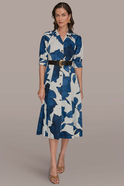 COTTON-SATEEN FLORAL MIDI SHIRT DRESS