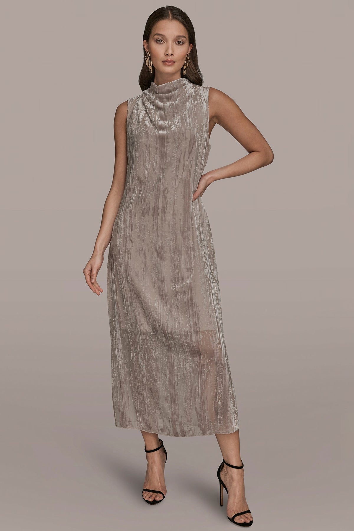 SLEEVELESS COWL-NECK BURNOUT MIDI DRESS