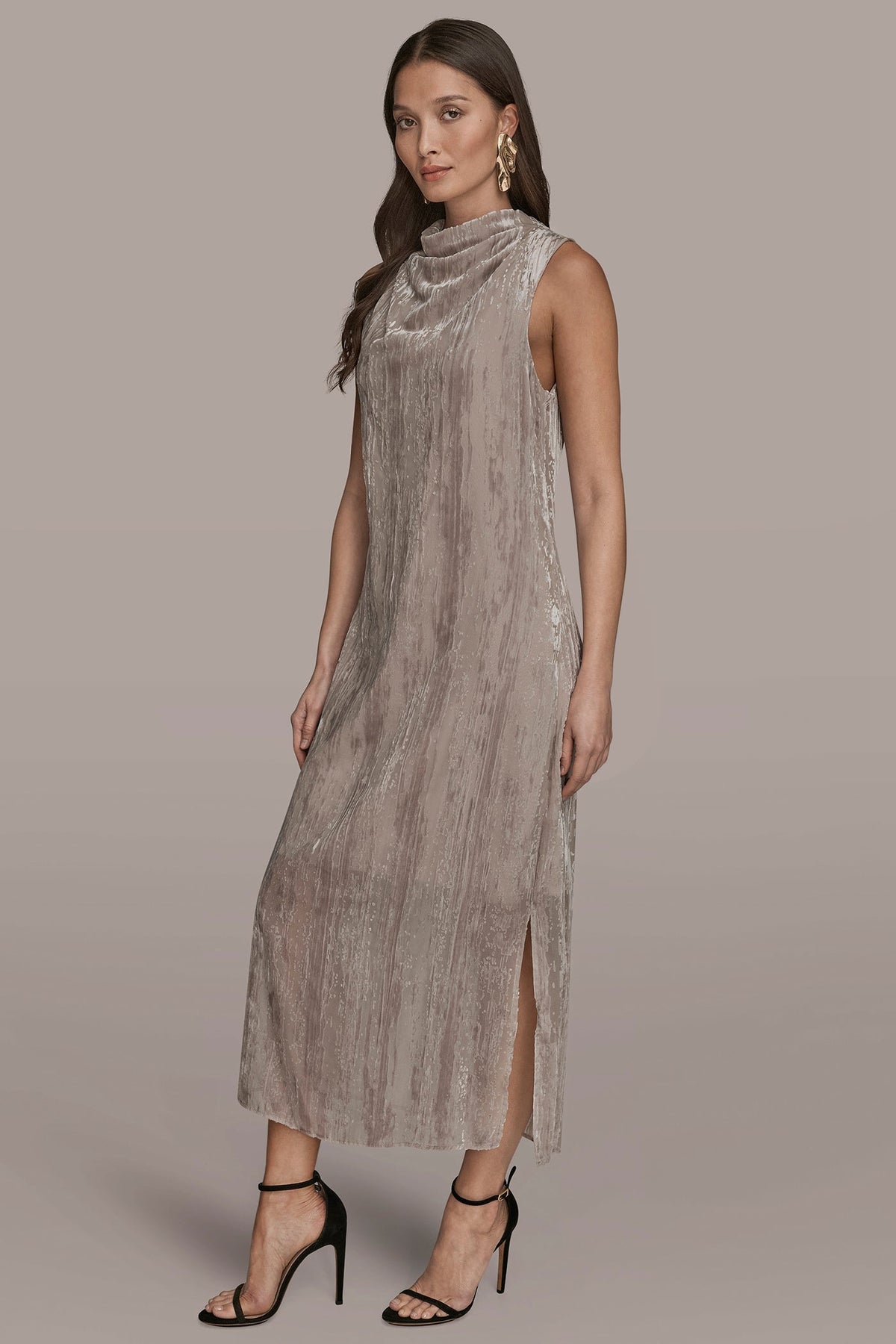SLEEVELESS COWL-NECK BURNOUT MIDI DRESS