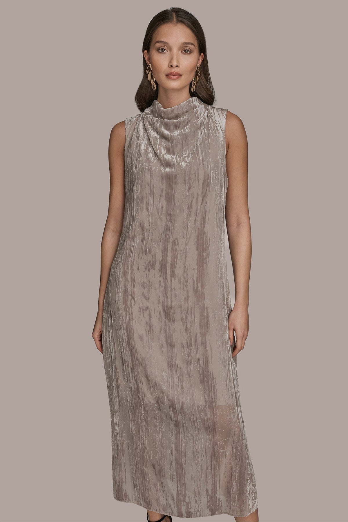 SLEEVELESS COWL-NECK BURNOUT MIDI DRESS