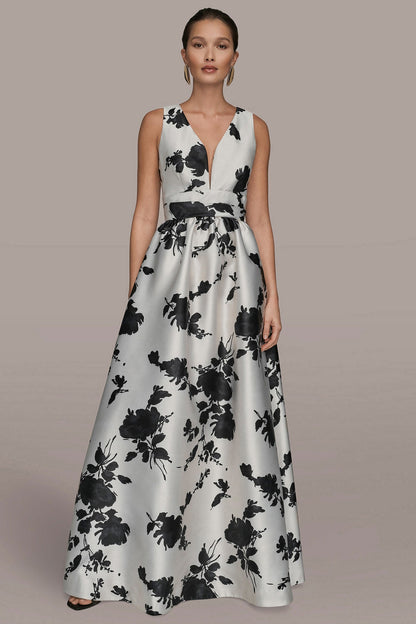 MIKADO SLEEVELESS V-NECK FLORAL GOWN