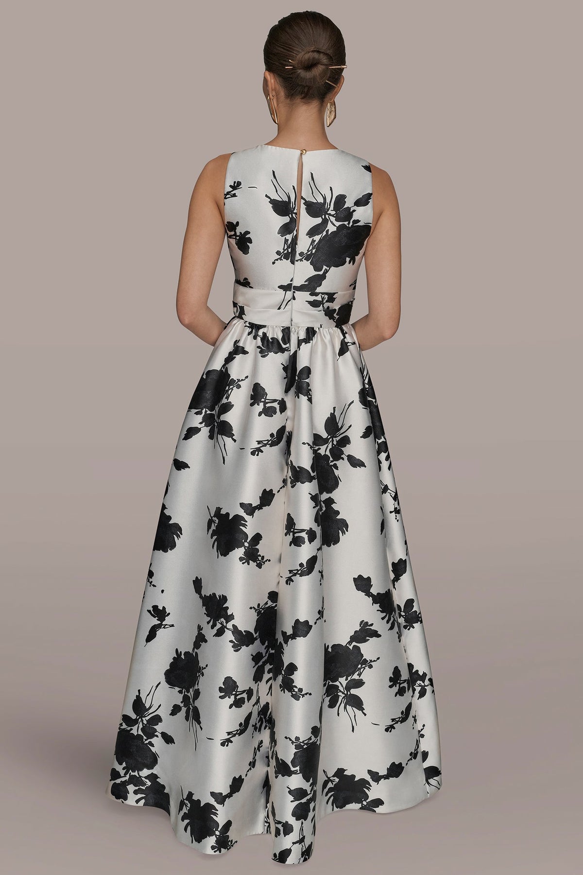 MIKADO SLEEVELESS V-NECK FLORAL GOWN