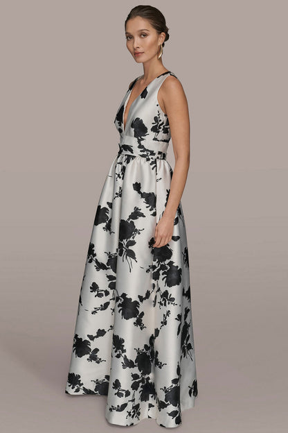 MIKADO SLEEVELESS V-NECK FLORAL GOWN