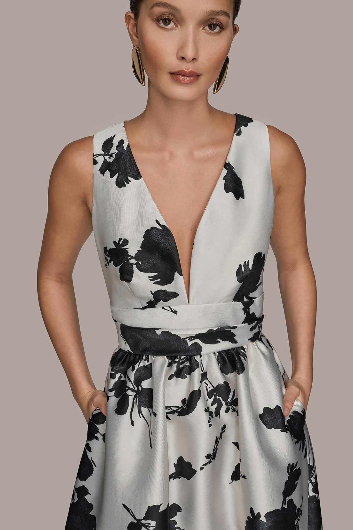 MIKADO SLEEVELESS V-NECK FLORAL GOWN