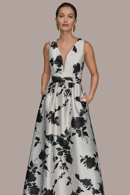 MIKADO SLEEVELESS V-NECK FLORAL GOWN